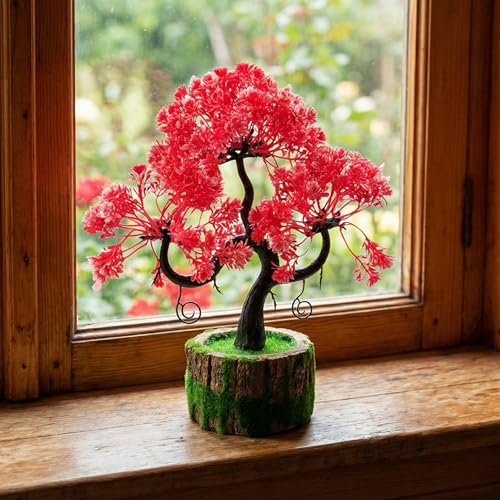 Dekorly Artificial Plants with Green Wooden Pot Fake Bonsai Plants Greenery Desktop Display Simulation,Office,Home Office Bedroom Living Room Tabletop Bathroom Decor | Height : 25CM (Red) - Image 4