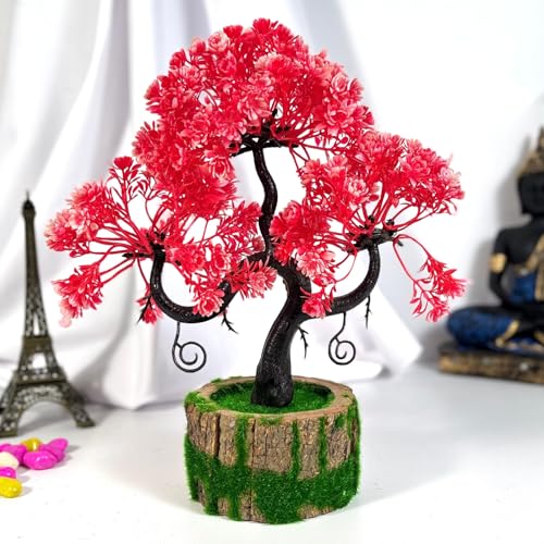 Dekorly Artificial Plants with Green Wooden Pot Fake Bonsai Plants Greenery Desktop Display Simulation,Office,Home Office Bedroom Living Room Tabletop Bathroom Decor | Height : 25CM (Red) - Image 1