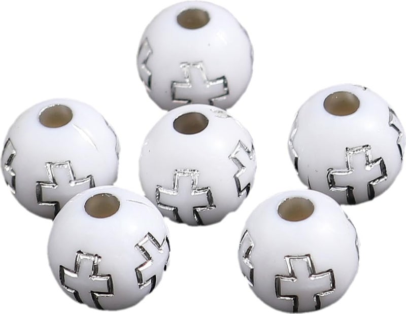 JGFinds Small Round Religious Spacer Beads 500 Pack Ball Shaped Bead Spacers 8mm 13 Inch with 2mm Large Hole Acrylic with Wood Look Christian Beads Silver Cross