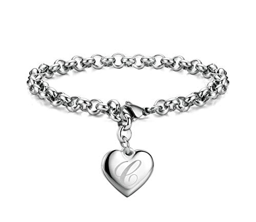 Monily Valentine's Day Initial Charm Bracelets for Women Stainless Steel Letters C Alphabet Heart Bracelet Jewelry Gifts for Women - Image 1