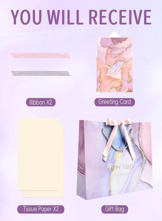 YoungTree Large Mothers Day Gift Bag with Tissue Papers and Greeting Card Two-Tone Ribbon, Purple Marble Pattern Gift Bag with Handles, Present Bags for Mother's Day Birthday Wedding Party Supplies - Image 2