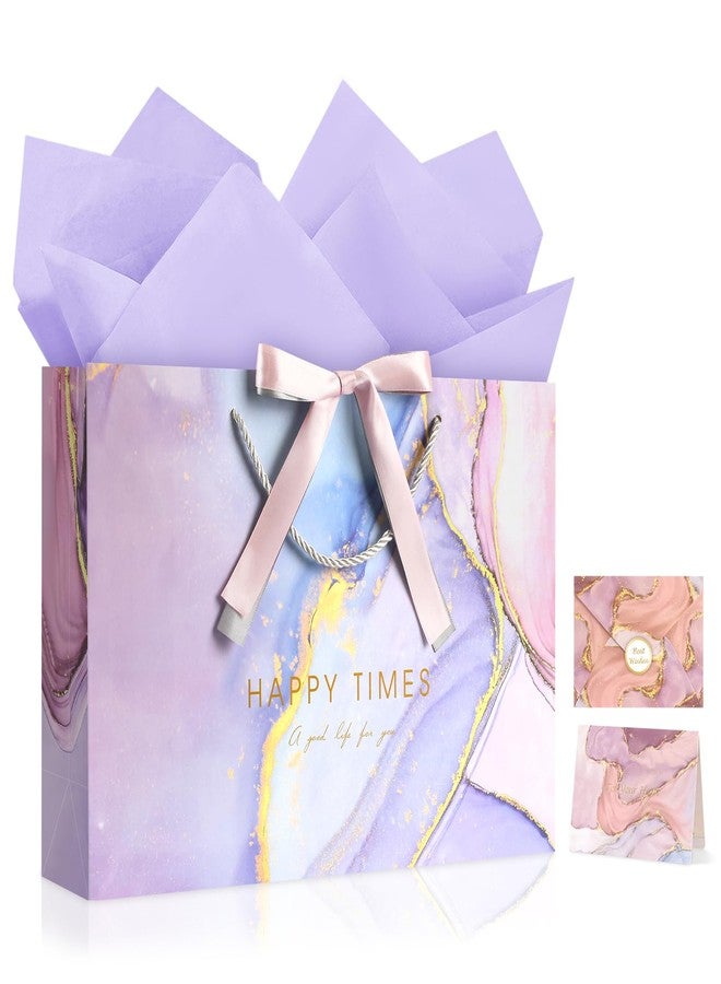 YoungTree Large Mothers Day Gift Bag with Tissue Papers and Greeting Card Two-Tone Ribbon, Purple Marble Pattern Gift Bag with Handles, Present Bags for Mother's Day Birthday Wedding Party Supplies - Image 1