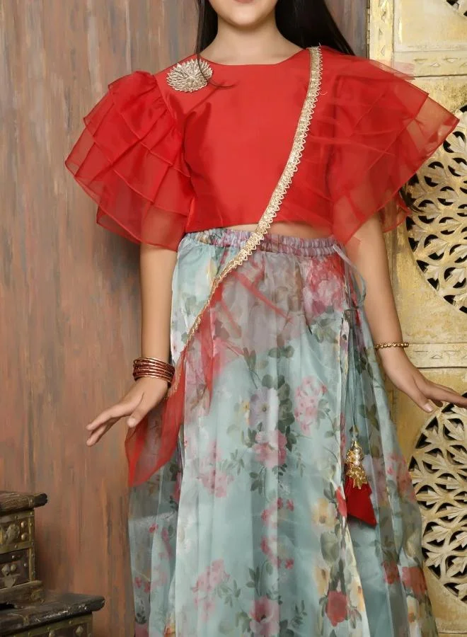 ليل بيكس طقم شولي أنيق بكشكشة وتنورة مطبوعة