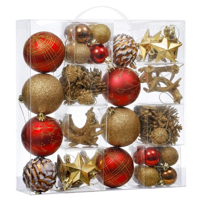 CHRISTMAS ORNAMENTS SET 70CT RED AND BROWN SHATTERPROOF CHRISTMAS TREE DECORATIONS WOODLAND HANGING BALL ORNAMENTS BULK FOR XMAS HOLIDAY DECOR