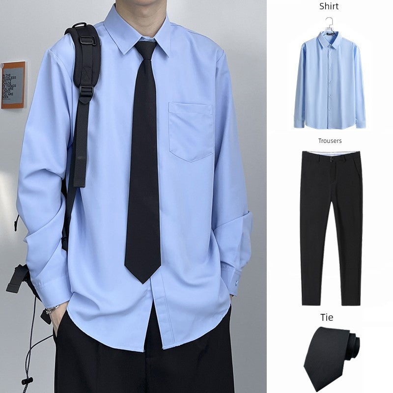 White long-sleeved shirt, loose solid color, male student, DK uniform, short-sleeved tie, graduation shirt suit, trousers - Image 2