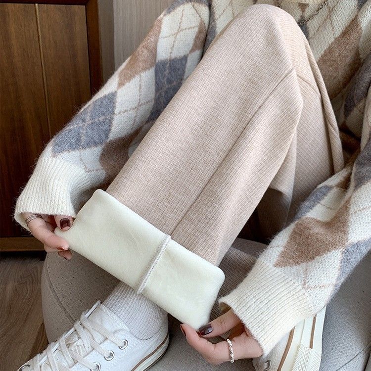 2025 Autumn/Winter Faux Cashmere Narrow Wide-Leg Pants For Women, High-Waisted, Drapey, Straight-Leg, Fleece-Lined Pants, Long Pants That Make You Look Slimmer And Have Longer Legs - Image 1