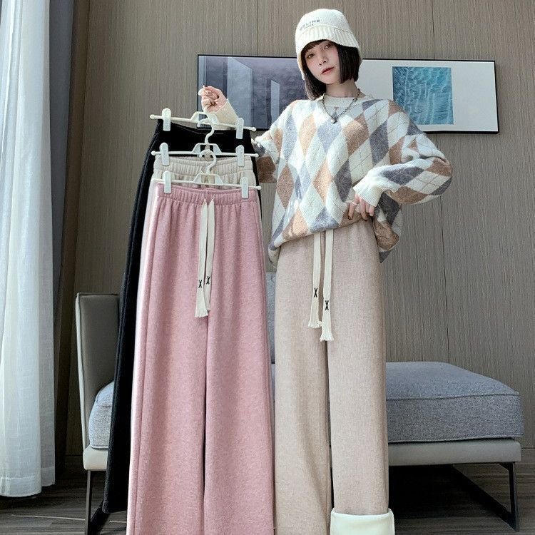 2025 Autumn/Winter Faux Cashmere Narrow Wide-Leg Pants For Women, High-Waisted, Drapey, Straight-Leg, Fleece-Lined Pants, Long Pants That Make You Look Slimmer And Have Longer Legs - Image 2