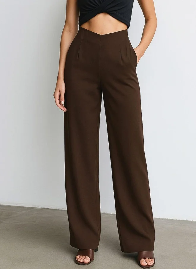 SASSAFRAS Brown High-Rise Pleated Korean Pants for Women