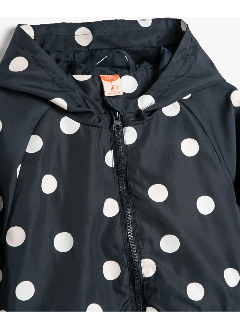 KOTON Polka Dot Hooded Coat with Pocket Detail, Cotton Lining that Changes Color in Water