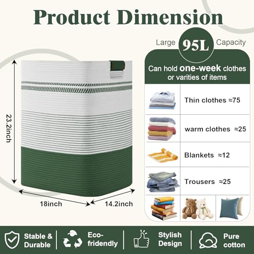 Degeyoyo Laundry Hamper, 95L Tall Laundry Basket with Leather Handles, Rectangle Large Clothes Hamper for Organizing, Cotton Woven Laundry Baskets Storage Hampers for Bedroom, Nursery, Living Room - Image 3