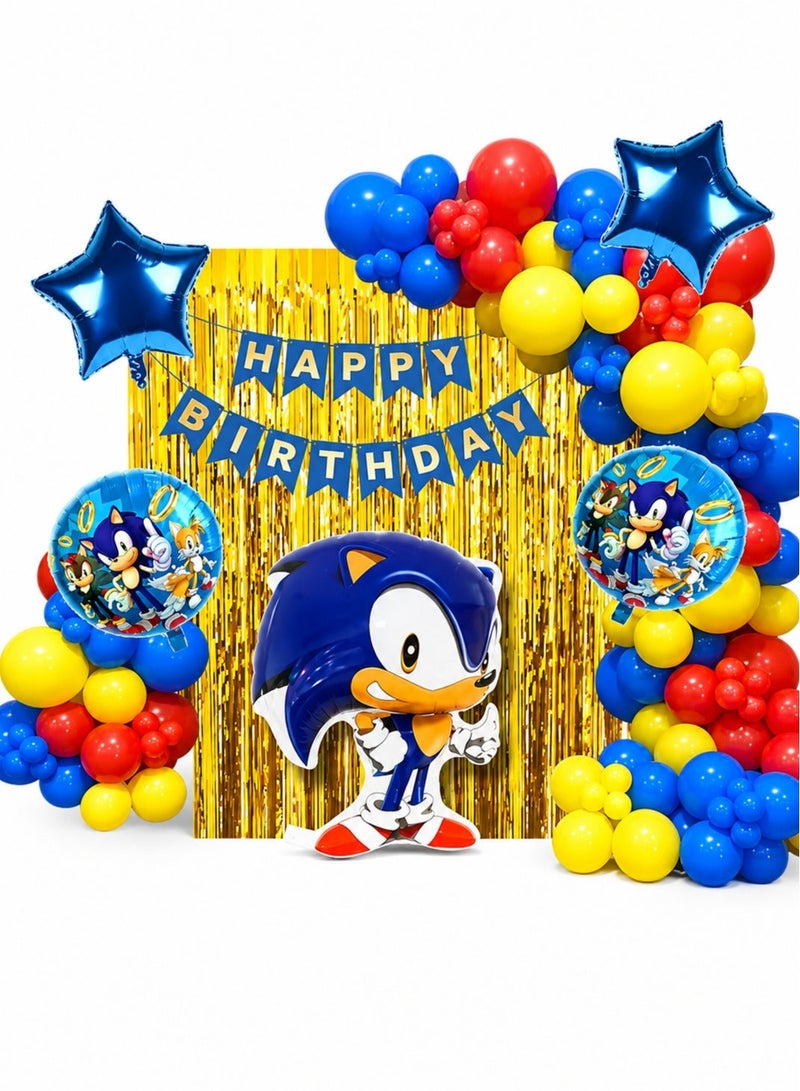 SONIC Blue Sonic The Hedgehog Theme Birthday Decoration Set With Balloon Garland, Happy Birthday Banner, Star Foil Balloons And Character Balloon For Kids Party - Image 1