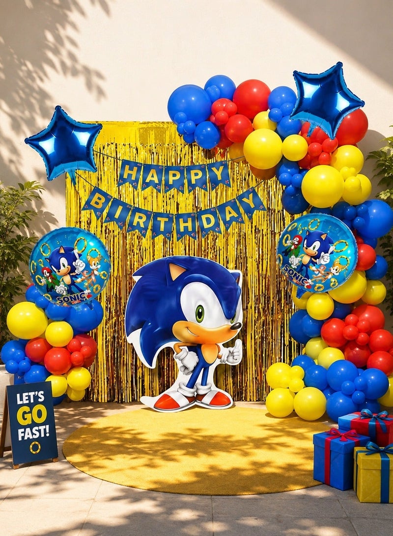 SONIC Blue Sonic The Hedgehog Theme Birthday Decoration Set With Balloon Garland, Happy Birthday Banner, Star Foil Balloons And Character Balloon For Kids Party - Image 2