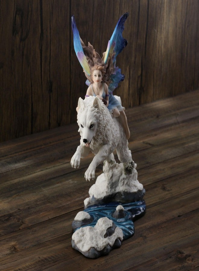 Unicorn Studio Fairy Riding On Leaping Arctic White Wolf Hand Painted Resin Figurine - Image 4