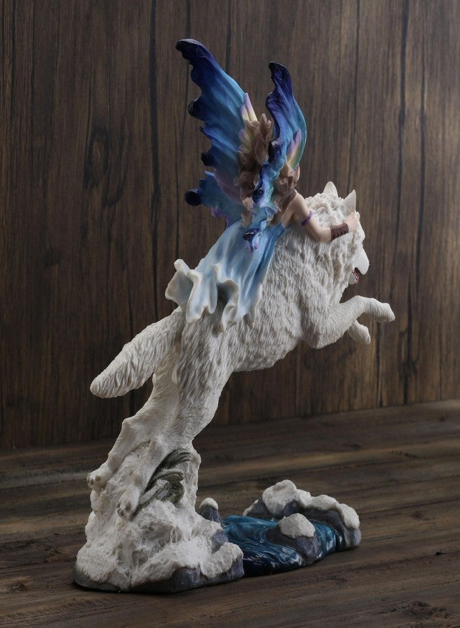 Unicorn Studio Fairy Riding On Leaping Arctic White Wolf Hand Painted Resin Figurine - Image 5
