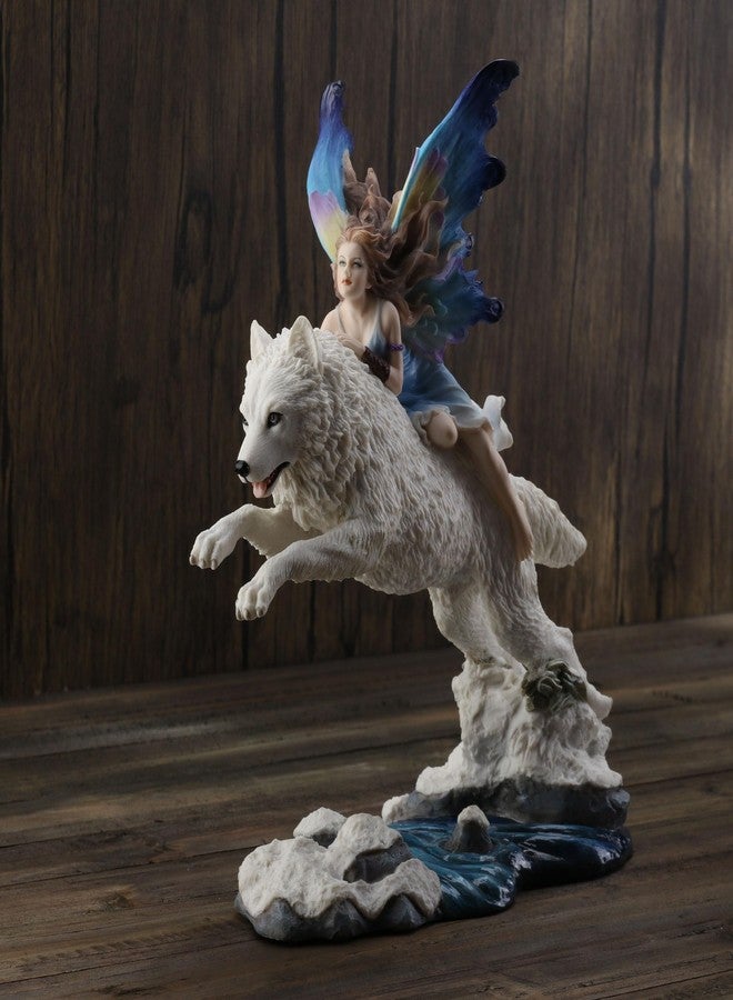 Unicorn Studio Fairy Riding On Leaping Arctic White Wolf Hand Painted Resin Figurine - Image 3