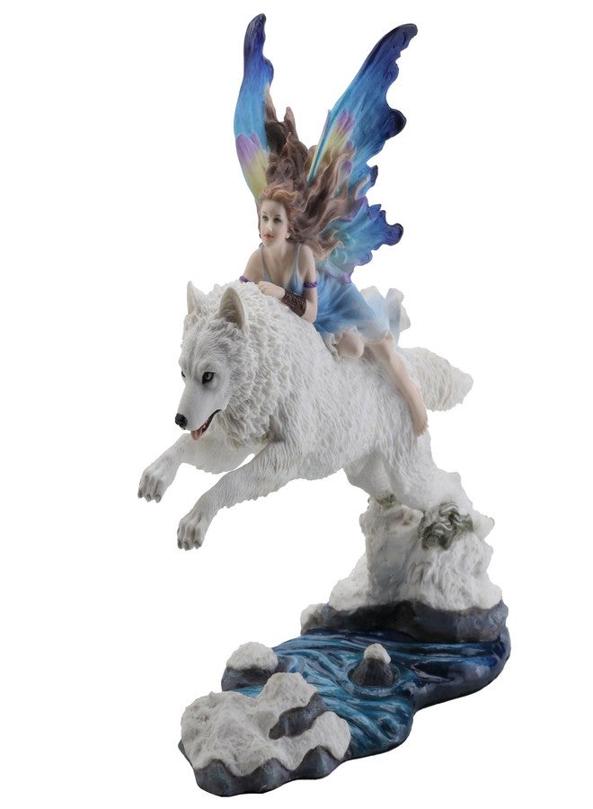 Unicorn Studio Fairy Riding On Leaping Arctic White Wolf Hand Painted Resin Figurine - Image 1