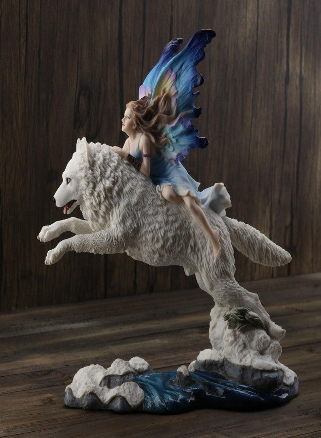 Unicorn Studio Fairy Riding On Leaping Arctic White Wolf Hand Painted Resin Figurine - Image 2