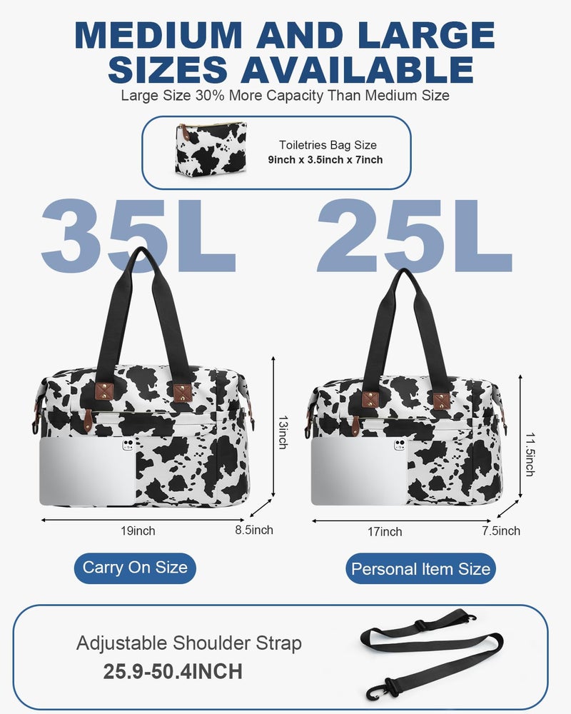Pritent Travel Duffle Bag, Waterproof Weekender Overnight Hospital Bags for Women Men with Toiletry Bag Lightweight Personal Item Duffle Gym Bag for Travel, Airplanes, Sports(Cow Print, Medium) - Image 3