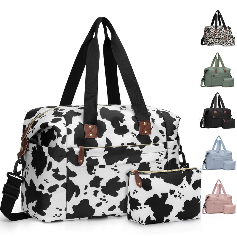 Pritent Travel Duffle Bag, Waterproof Weekender Overnight Hospital Bags for Women Men with Toiletry Bag Lightweight Personal Item Duffle Gym Bag for Travel, Airplanes, Sports(Cow Print, Medium) - Image 1