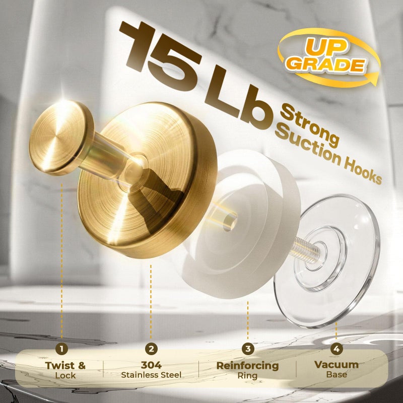 LOOHOI Upgraded Suction Cup Hooks for Shower, Heavy Duty Removable Towel Hooks for Bathroom Glass Door Wall, Stainless Steel Shower Hooks for Towel & Loofah (2 Pack, Gold) - Image 2
