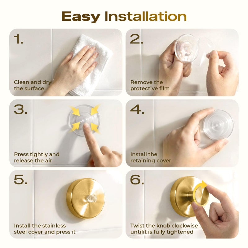 LOOHOI Upgraded Suction Cup Hooks for Shower, Heavy Duty Removable Towel Hooks for Bathroom Glass Door Wall, Stainless Steel Shower Hooks for Towel & Loofah (2 Pack, Gold) - Image 5