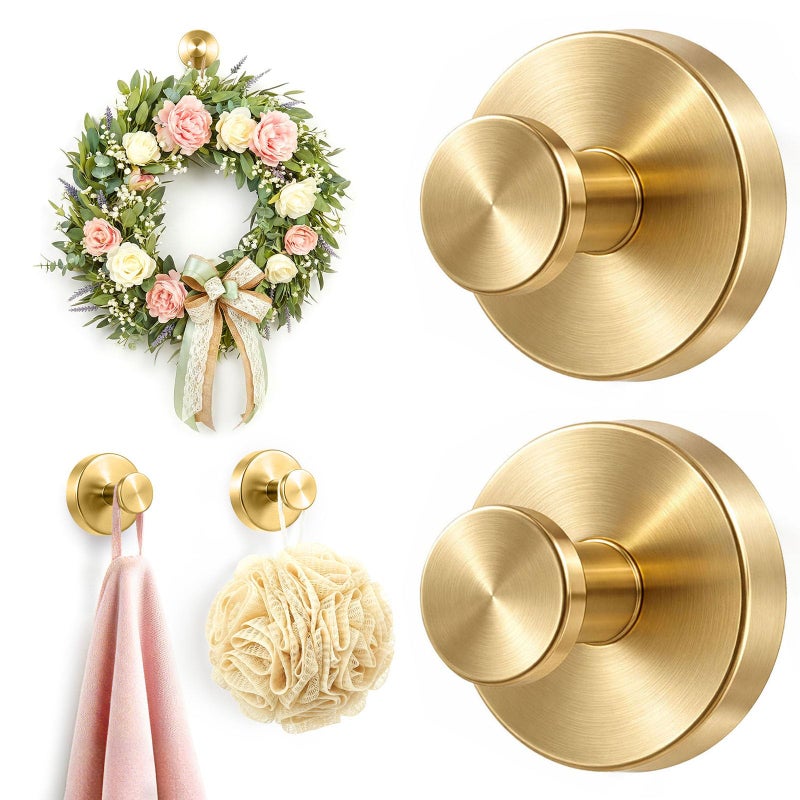 LOOHOI Upgraded Suction Cup Hooks for Shower, Heavy Duty Removable Towel Hooks for Bathroom Glass Door Wall, Stainless Steel Shower Hooks for Towel & Loofah (2 Pack, Gold) - Image 1