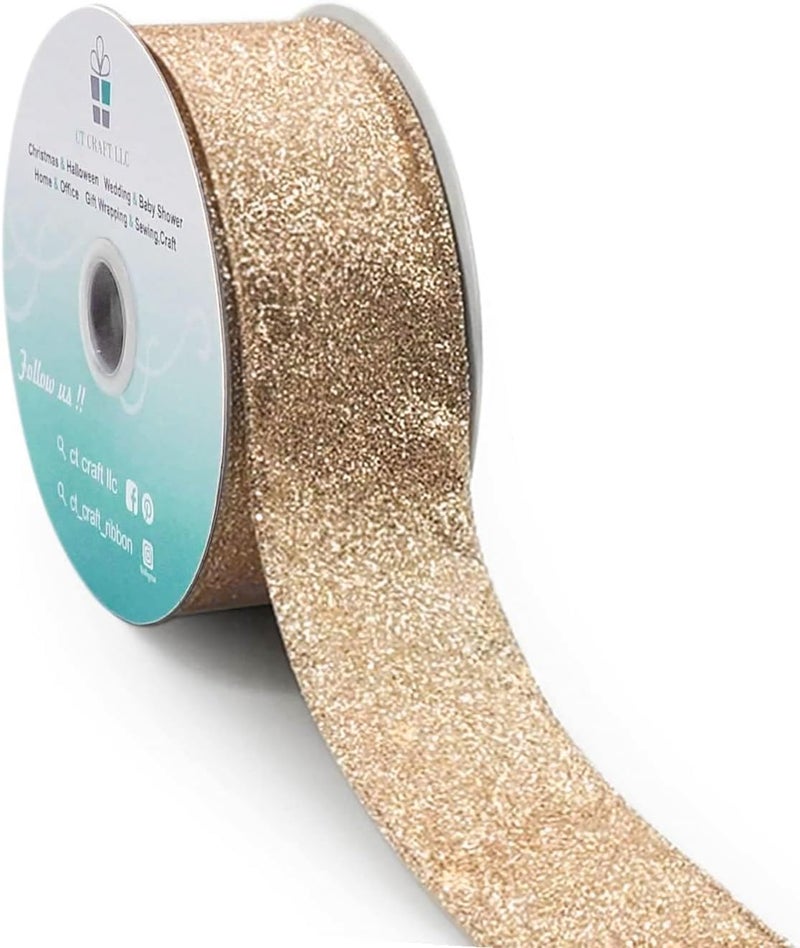 CT CRAFT LLC Glitter Wired Ribbon 15 x 10 Yards Gold Champagne Gold for Christmas Home Decor Bow Gift Wrapping DIY Crafts Wreath