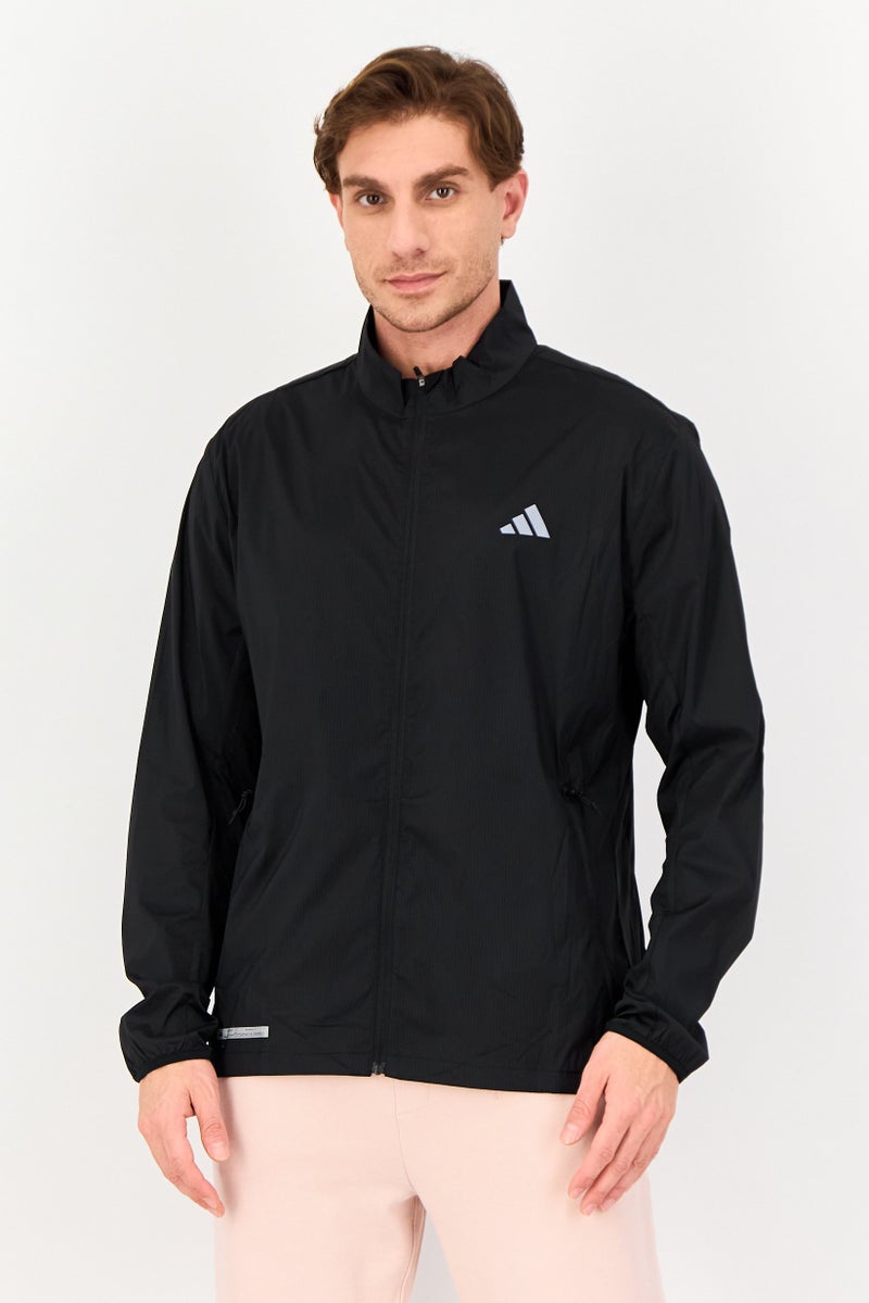 Adidas جاكيت جري للرجال بقصة ضيقة بأكمام طويلة، أسود - Image 1