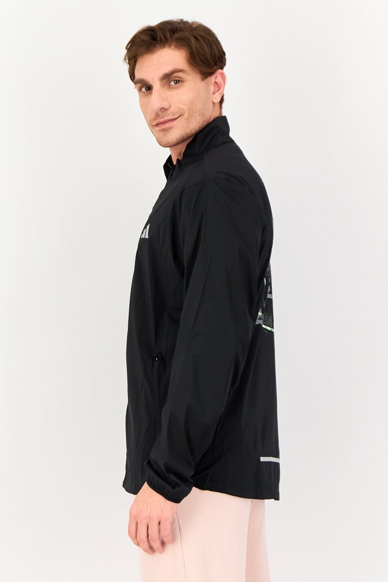 Adidas جاكيت جري للرجال بقصة ضيقة بأكمام طويلة، أسود - Image 4