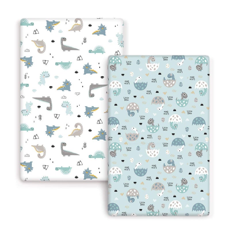 GRSSDER Stretchy Ultra Soft Jersey Knit Fitted Pack n Play Sheets Set 2 Pack PortableMini Crib Sheets for Boys Universal Fit for Pack N Plays Safe and Snug Happy Dinosaurs for Baby - Image 1