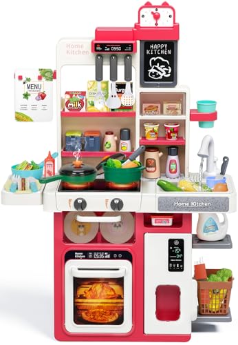 TooyBing Red Kids Play Kitchen Set Toddler Kitchen Playset with Sound Light Cooking Stove with Steam Play Sink Play Food Toy and Kitchen Accessories Kitchen Toy for Kids Girls Boys Red - Image 1