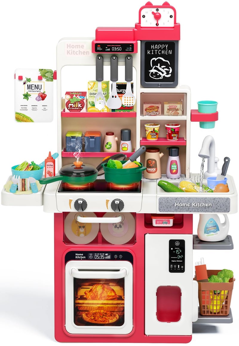 TooyBing Red Kids Play Kitchen Set Toddler Kitchen Playset with Sound Light Cooking Stove with Steam Play Sink Play Food Toy and Kitchen Accessories Kitchen Toy for Kids Girls Boys Red - Image 3