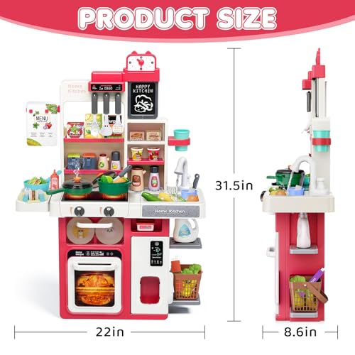 TooyBing Red Kids Play Kitchen Set Toddler Kitchen Playset with Sound Light Cooking Stove with Steam Play Sink Play Food Toy and Kitchen Accessories Kitchen Toy for Kids Girls Boys Red - Image 5