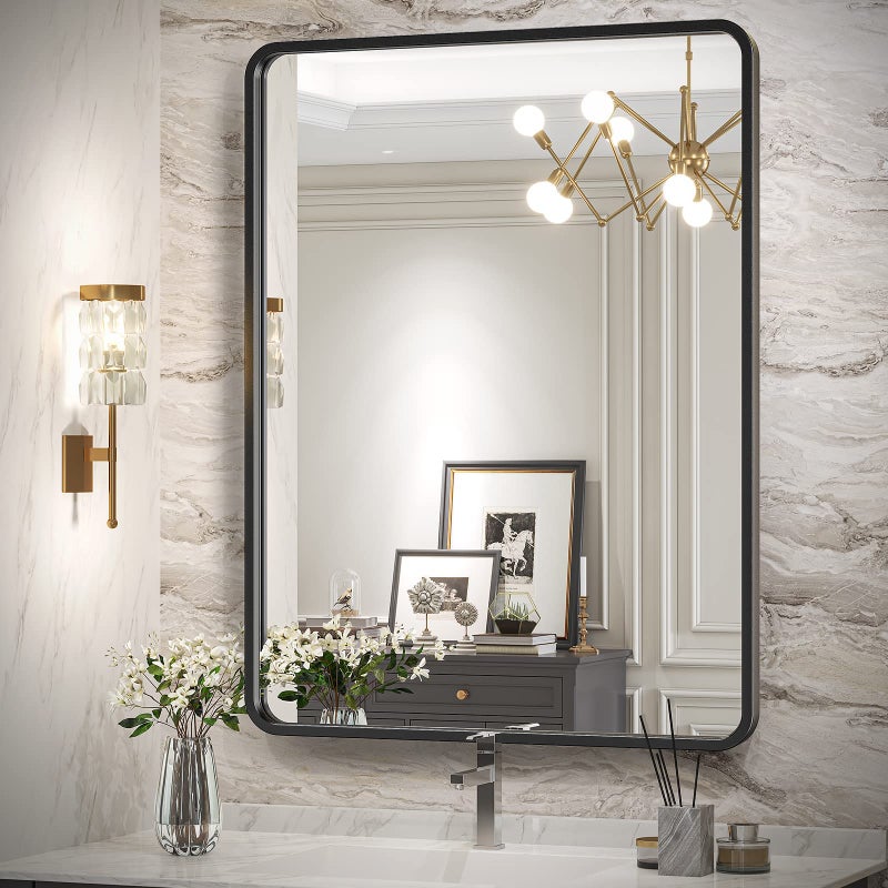 Brightify Black Bathroom Mirror for Wall 20 x 28 Inch Rectangluar Black Metal Framed Mirror Modern Wall Mounted Vanity Mirror for Bathroom Vertical or Horizontal