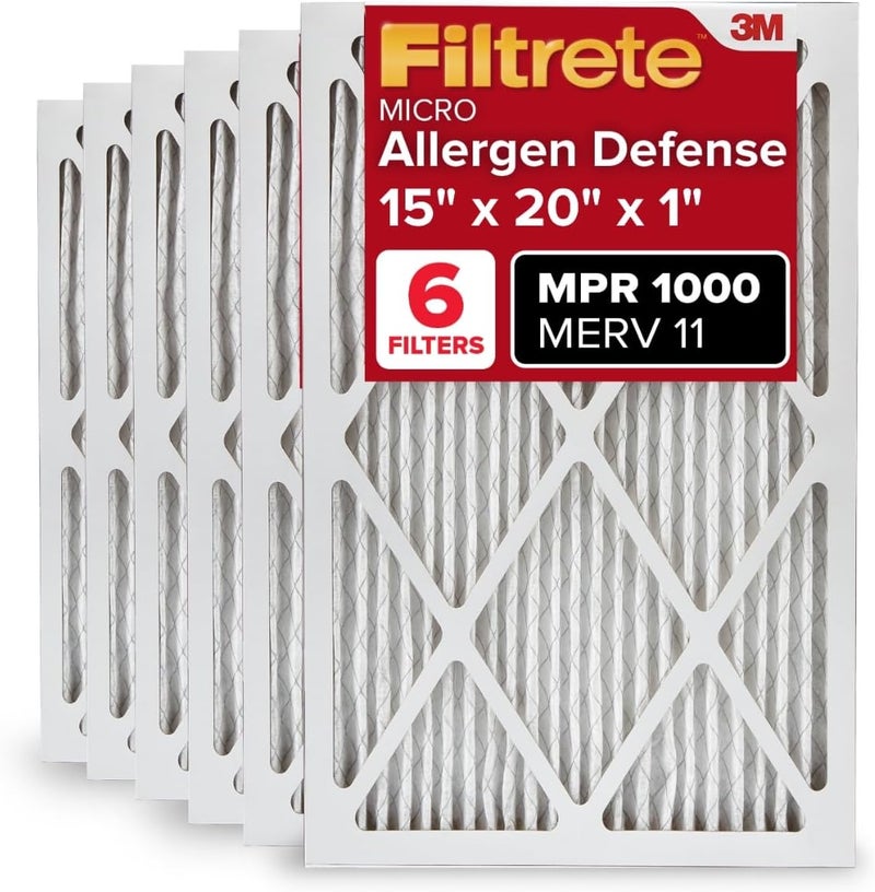 FILTRETE 15x20x1 AC Furnace Air Filter, MERV 11, MPR 1000, Micro Allergen Defense, 3-Month Pleated 1-Inch Electrostatic Air Cleaning Filter, 6 Pack (Actual Size 14.81x19.81x0.81 in) - Image 1
