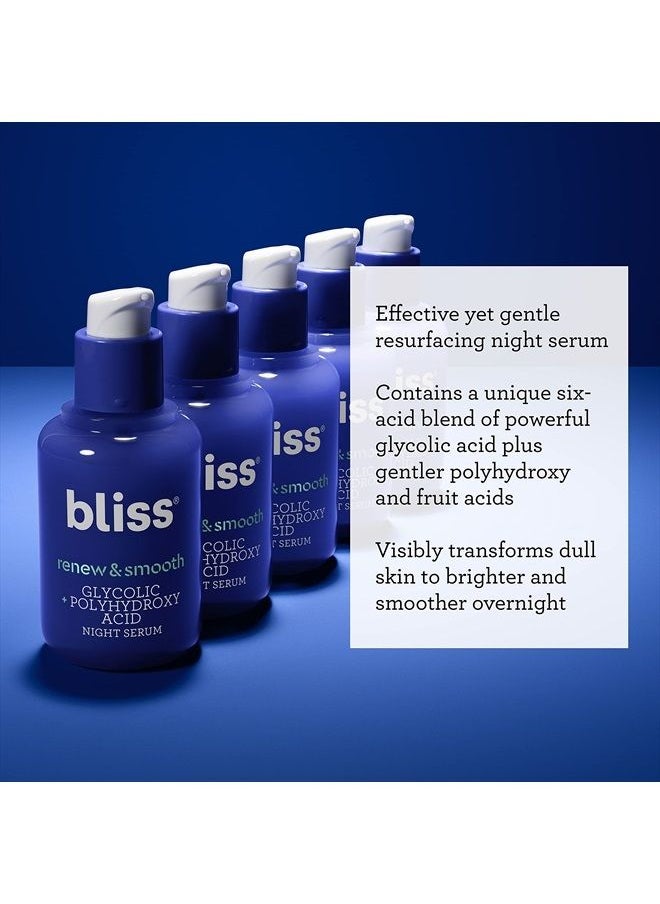 BLISS - Renew & Smooth - Glycolic + Polyhydroxy Acid Night Serum - Gently Exfoliate Skin - Hydrating | Clean | Paraben Free | Cruelty-Free | Vegan | 1 oz - Image 1