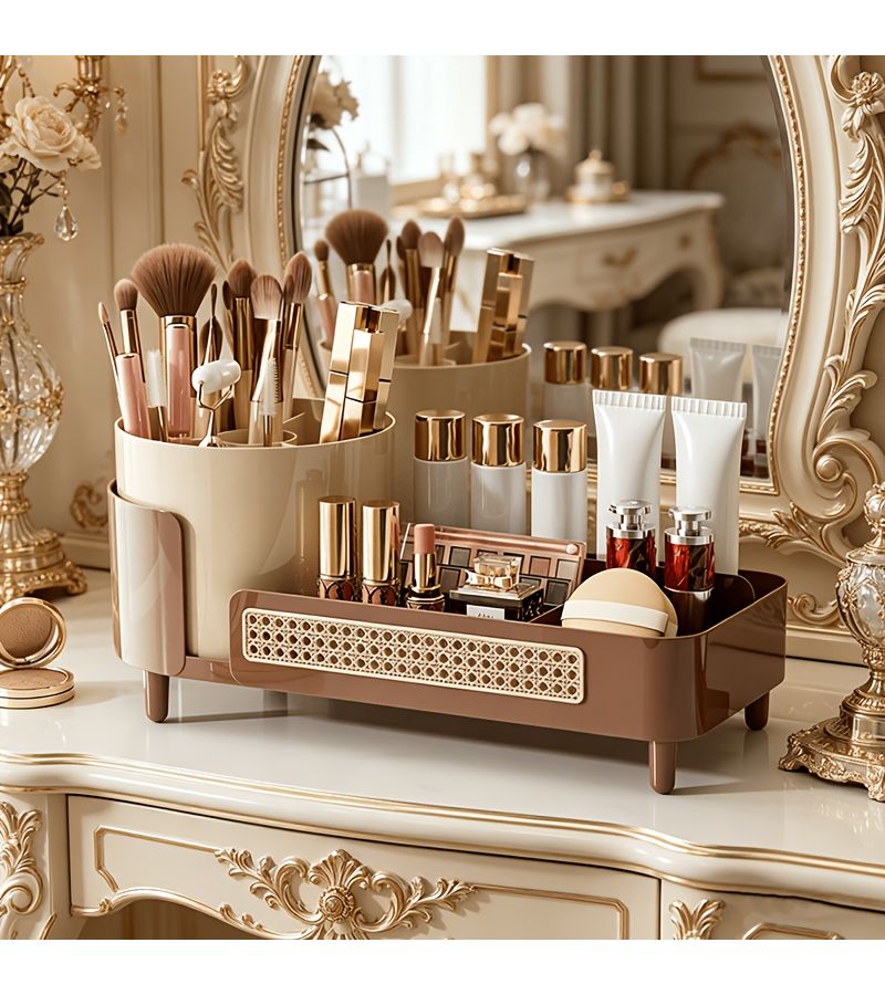 1pc 360 Degree Rotating Mysterious Black Cosmetics Storage Box Premium Feel Compartmentalized Pen Holder Dressing Table Large Capacity Skincare Organizer Bathroom Desktop Organizer - Image 1