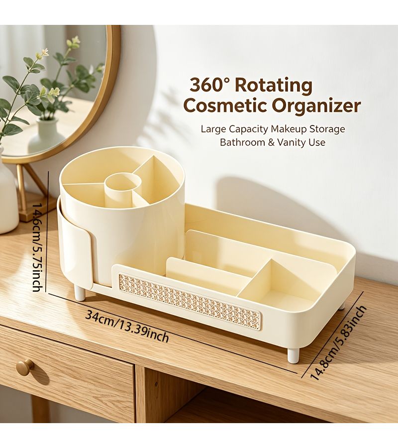 1pc 360 Degree Rotating Mysterious Black Cosmetics Storage Box Premium Feel Compartmentalized Pen Holder Dressing Table Large Capacity Skincare Organizer Bathroom Desktop Organizer - Image 3
