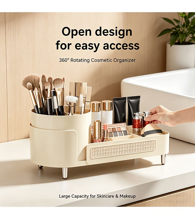 1pc 360 Degree Rotating Mysterious Black Cosmetics Storage Box Premium Feel Compartmentalized Pen Holder Dressing Table Large Capacity Skincare Organizer Bathroom Desktop Organizer - Image 5