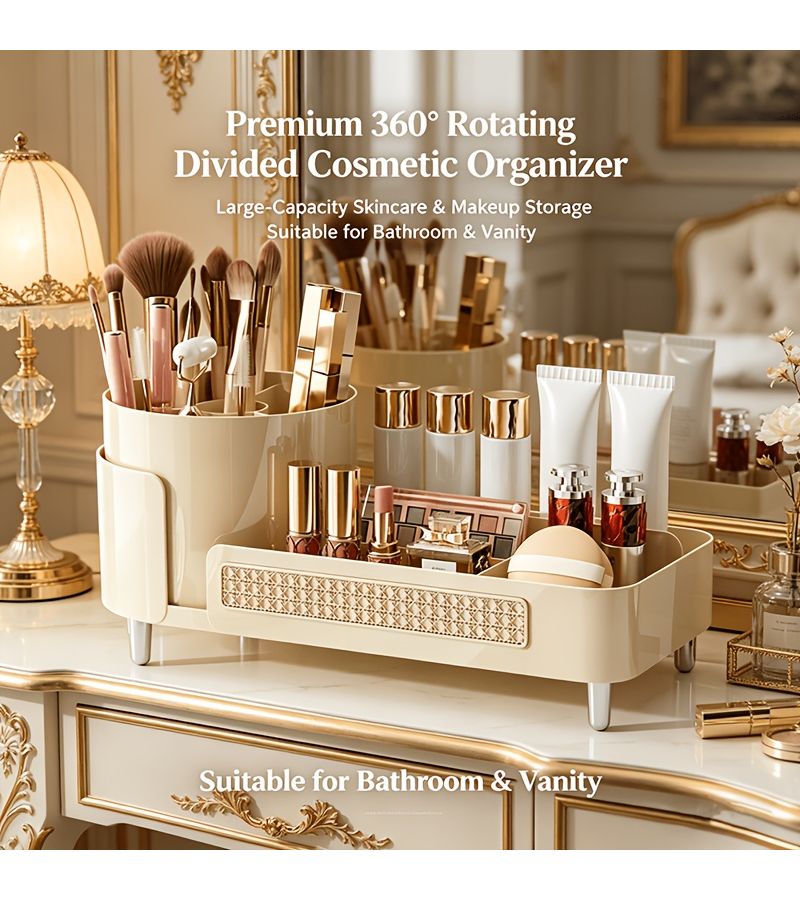 1pc 360 Degree Rotating Mysterious Black Cosmetics Storage Box Premium Feel Compartmentalized Pen Holder Dressing Table Large Capacity Skincare Organizer Bathroom Desktop Organizer - Image 2