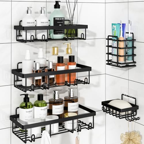Liuoud 5 Pack Shower Caddy Organizer Rack Shelf for Inside Shower, Adhesive Bathroom Wall Storage Basket Rustproof Stainless Steel Shampoo Holder, Bathroom Accessory Decor Set, Black. - Image 1