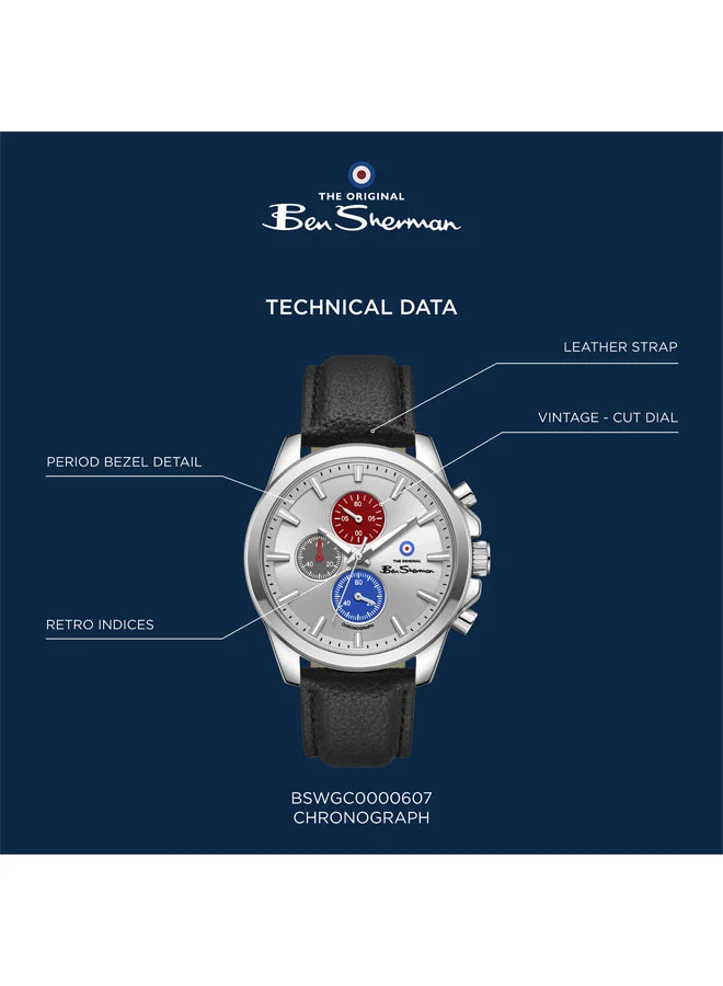 Ben Sherman Silver Oxford Silver Dial Black Genuine Leather Strap Chronograph Watch for Men, 44mm for Men | Best Price UAE
