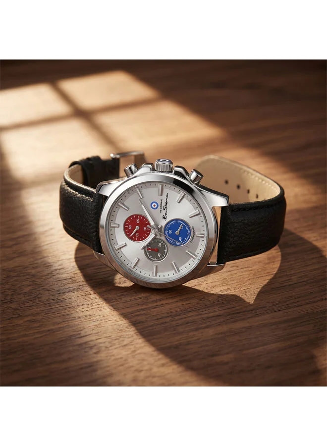 Ben Sherman Silver Oxford Silver Dial Black Genuine Leather Strap Chronograph Watch for Men, 44mm for Men | Best Price UAE
