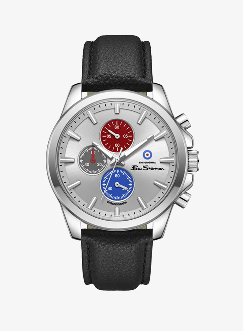 Ben Sherman Oxford Silver Dial Black Genuine Leather Strap Chronograph Watch for Men, 44mm