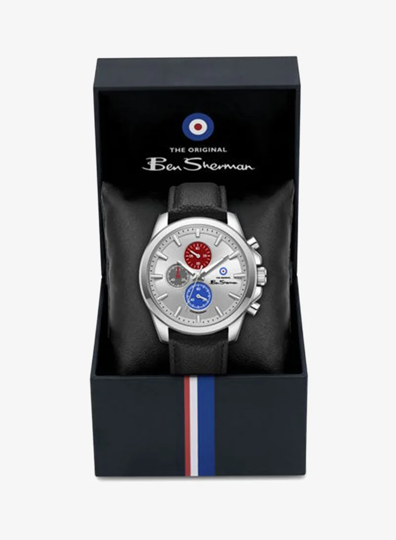 Ben Sherman Silver Oxford Silver Dial Black Genuine Leather Strap Chronograph Watch for Men, 44mm for Men | Best Price UAE