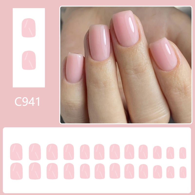 Pink French Tip Press On Nails Square Coffin Almond Artificial Glue On Designs - Image 4