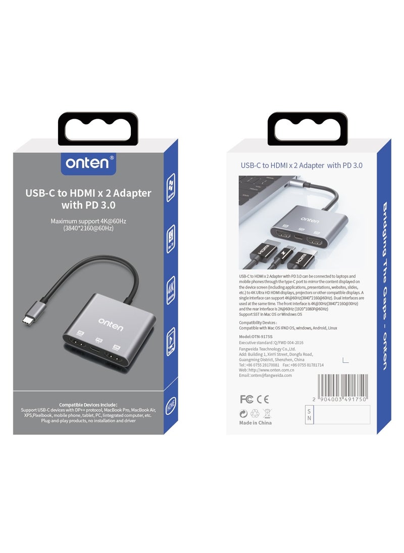 أونتن - محول 3 في 1 USB-C إلى HDMI x 2 مع PD 3.0 OTN-9175S - Image 1