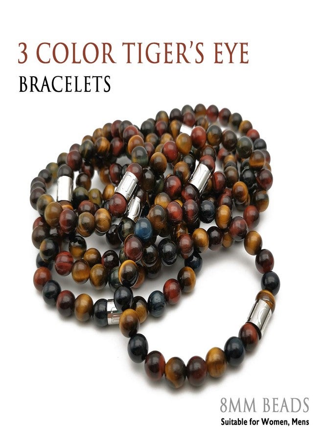 Morchic 3 Color Tiger's Eye Natural Gemstone Women Men Stretch Bracelet, Genuine Tigea Eyes Energy Stone 8mm Beads Classic Birthday Gift 7.5 Inch - Image 2