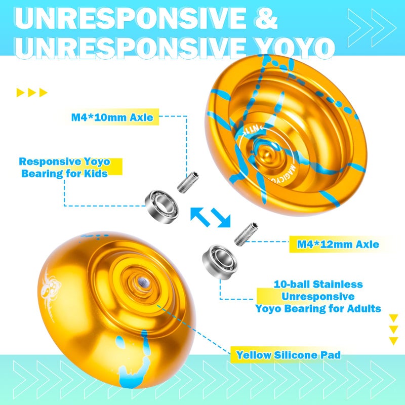MAGICYOYO N11 Professional Unresponsive Alloy Yoyo Dual Purpose Trick Yo Yo with Responsive Bearing Kit + Bag + Glove +12 Strings - Golden Blue - Image 4