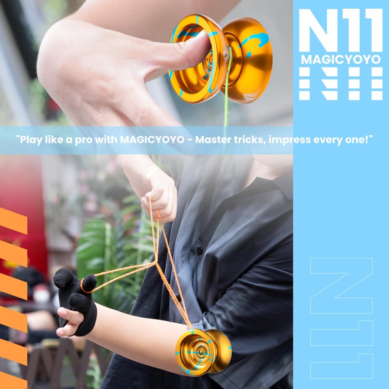 MAGICYOYO N11 Professional Unresponsive Alloy Yoyo Dual Purpose Trick Yo Yo with Responsive Bearing Kit + Bag + Glove +12 Strings - Golden Blue - Image 2